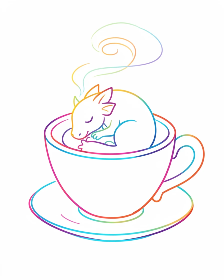 A tiny dragon curled up asleep inside a teacup, wisps of smoke drifting from its nose.