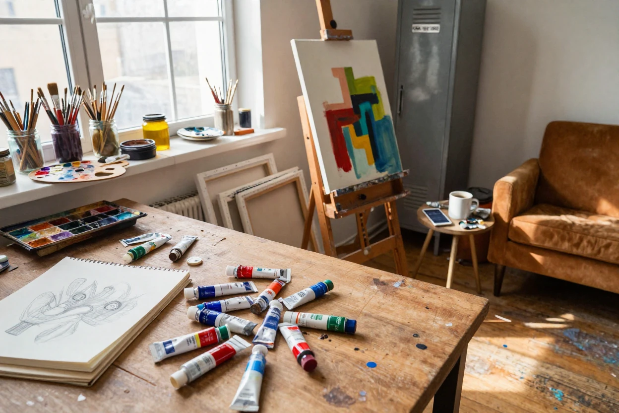 An artist's studio cluttered with paint tubes and canvases