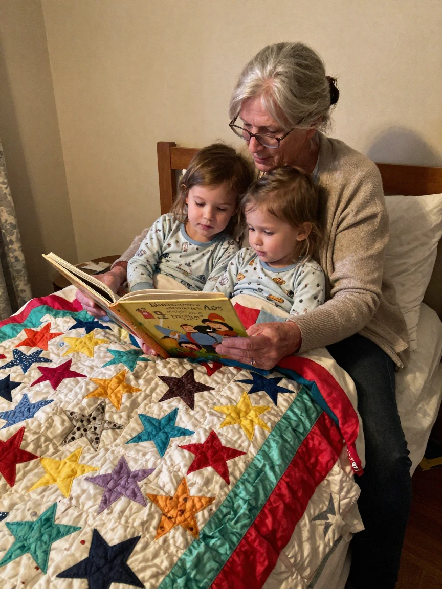 A grandmother reads a bedtime story to twins tucked under a quilt covered in hand-sewn stars.