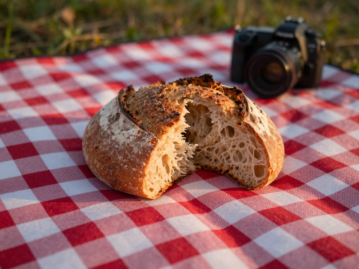 A rustic loaf of bread torn open to reveal a warm center on a checkered picnic blanket