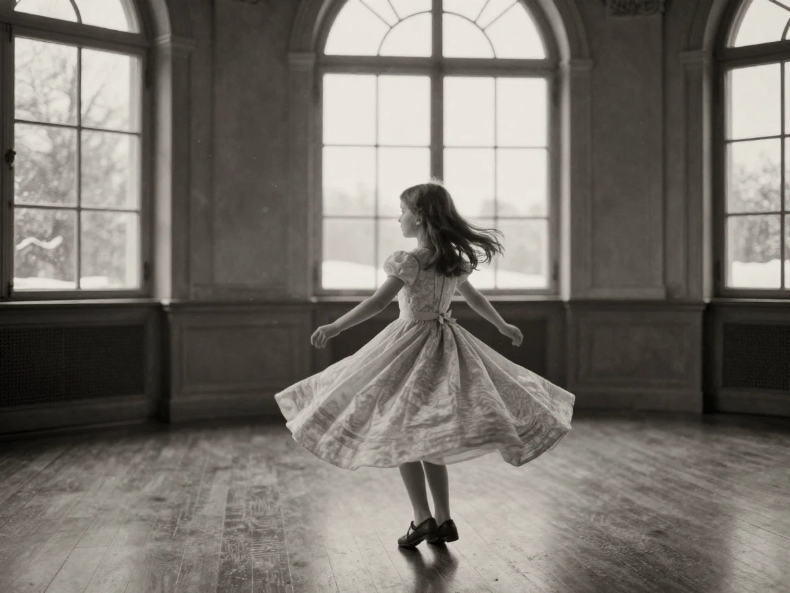 A little girl twirling in a puffy dress in an empty ballroom, in soft window light, amid gently falling snow, as summer fades into fall, with stark black-and-white contrast softened by a single warm hue, from behind, looking toward the horizon.