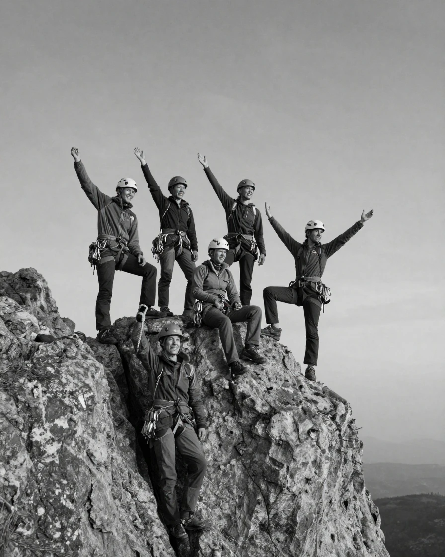 A group of climbers celebrates atop a rock formation beneath a wide open sky.