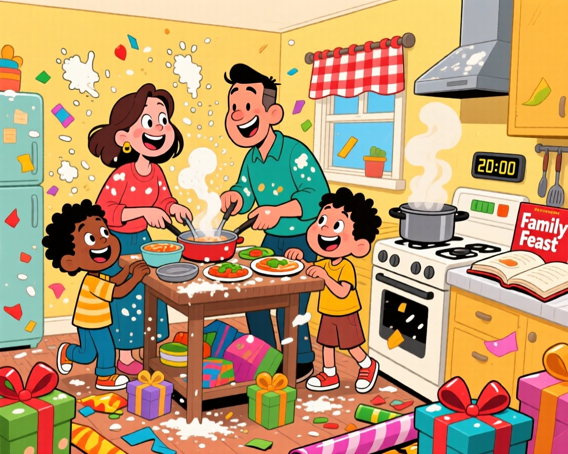 A heartwarming scene of a blended family cooking a meal together in a cramped kitchen, flour flying everywhere, surrounded by scattered wrapping paper and bows.