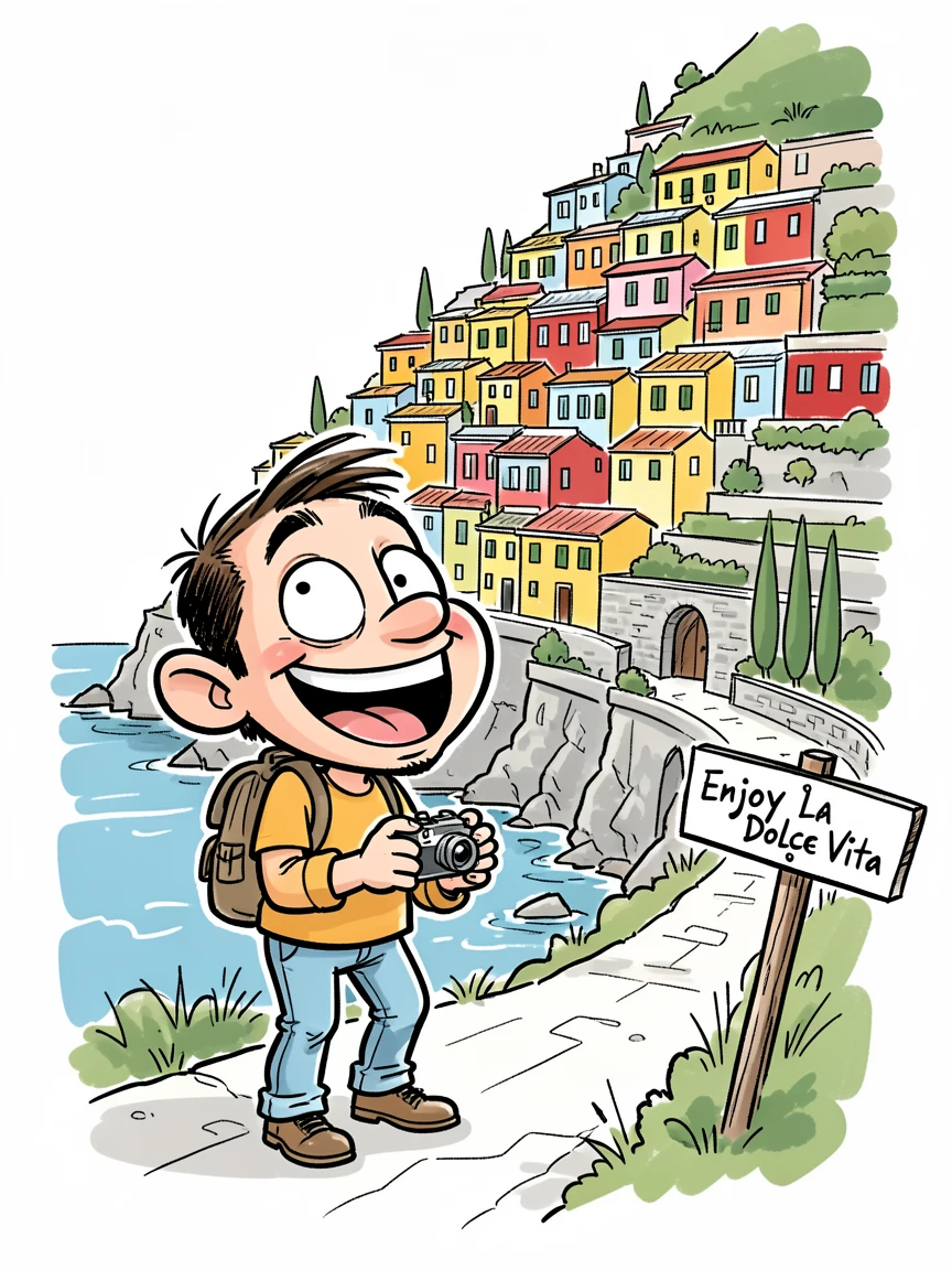 [Travel & Cultural Experiences] Vivid travel scene of a tourist admiring colorful houses along the Amalfi Coast, full of wonder and adventure