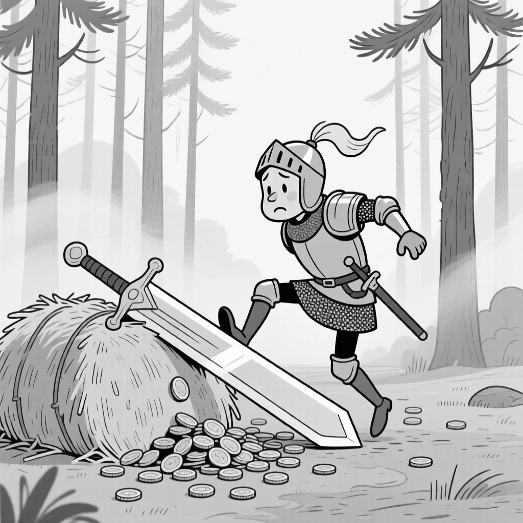 A knight tripping over his own oversized sword, wincing as it accidentally flattens a haystack, set at the edge of a dense, misty pine forest. A pile of gold coins spills comically across the floor. There's a cozy, storybook warmth to the whole image.