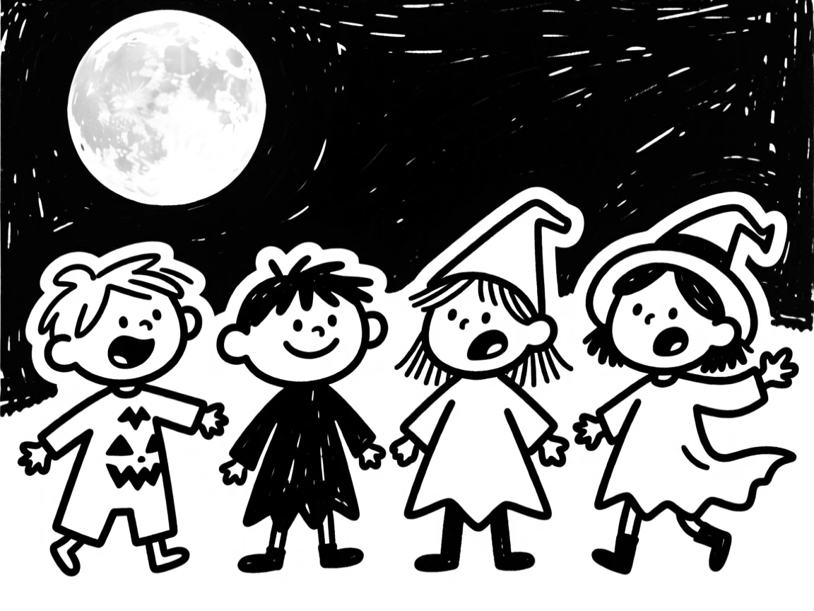 Children trick-or-treating in colorful costumes under a full Halloween moon.