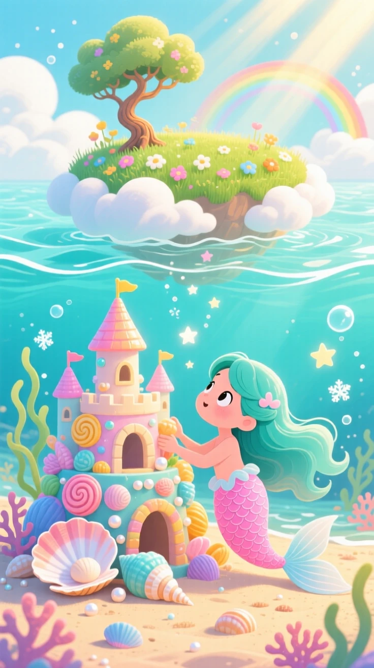 A curious mermaid pauses from building a castle out of seashells to marvel at a floating island in the clouds, as tiny stars fall like snow.
