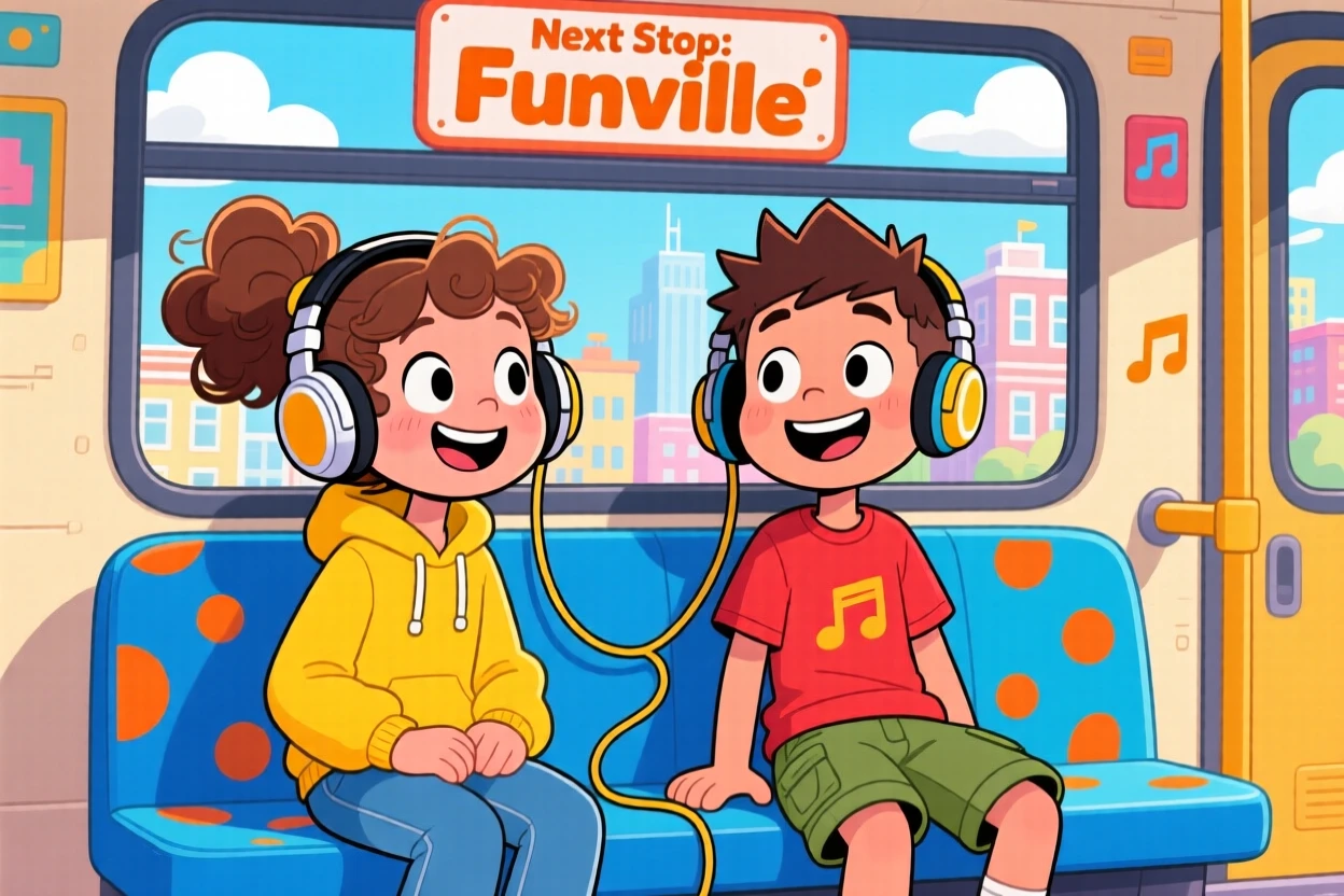 Two friends sharing headphones and listening to music on a bus.