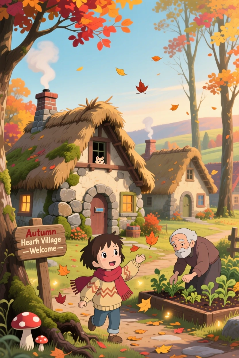 A cluster of stone cottages with thatched roofs, with smoke curling gently from chimney tops, on a crisp autumn morning.