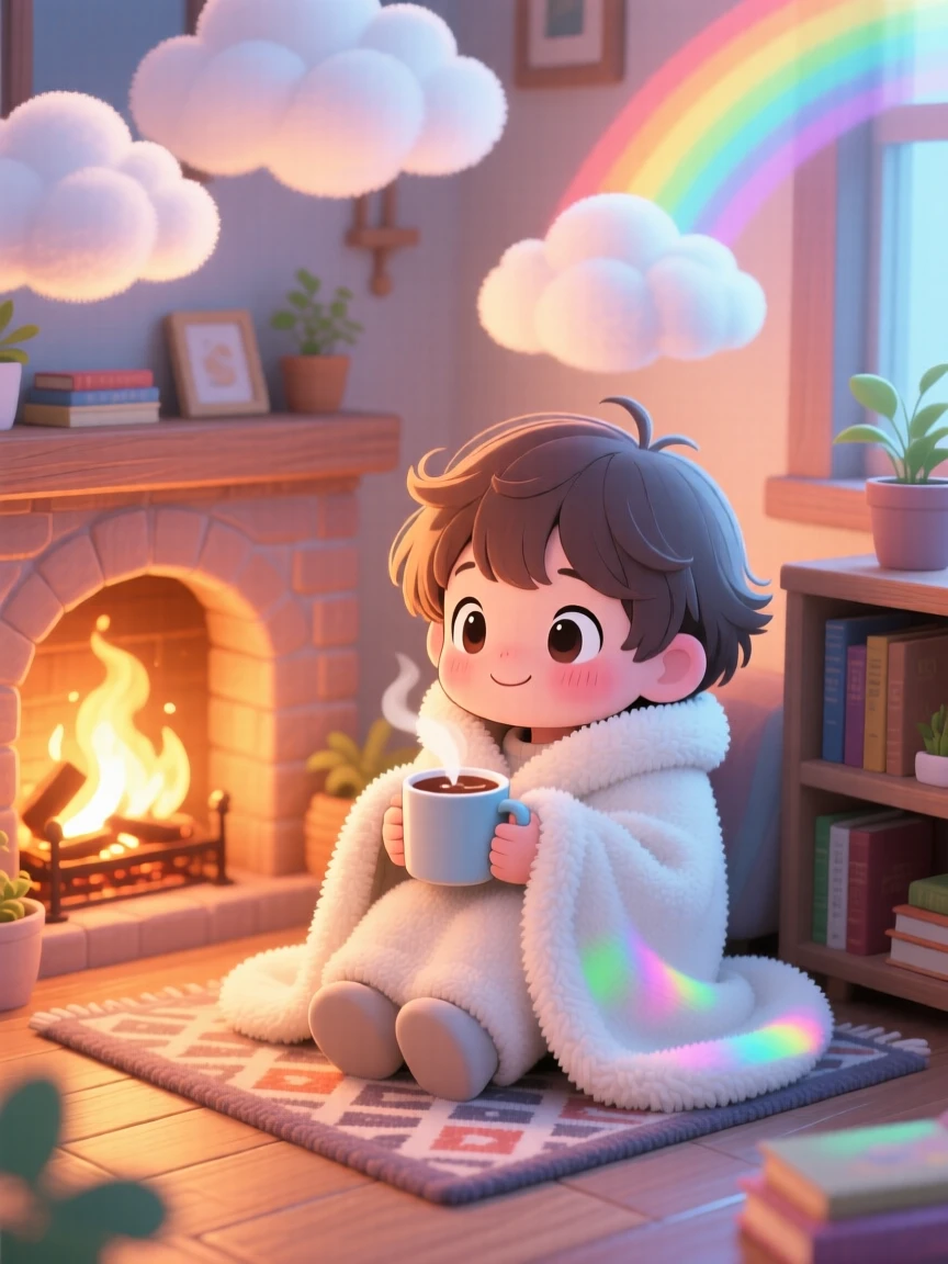 A small child sipping cocoa wrapped in a fluffy blanket in a warm fireplace corner beneath fluffy drifting clouds; bright rainbow-tinted light washes over the scene as triumphant pride fills the moment. Three-quarter view.