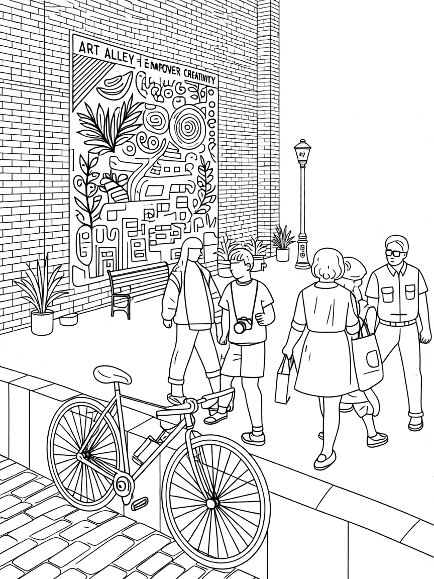 A bicycle leaning against a mural-covered alley wall, with locals and travelers strolling nearby.