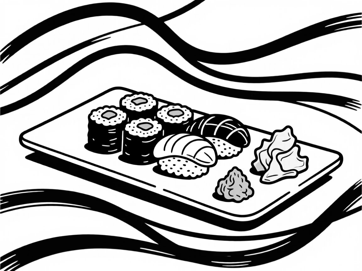 A platter of fresh sushi rolls with wasabi and pickled ginger.