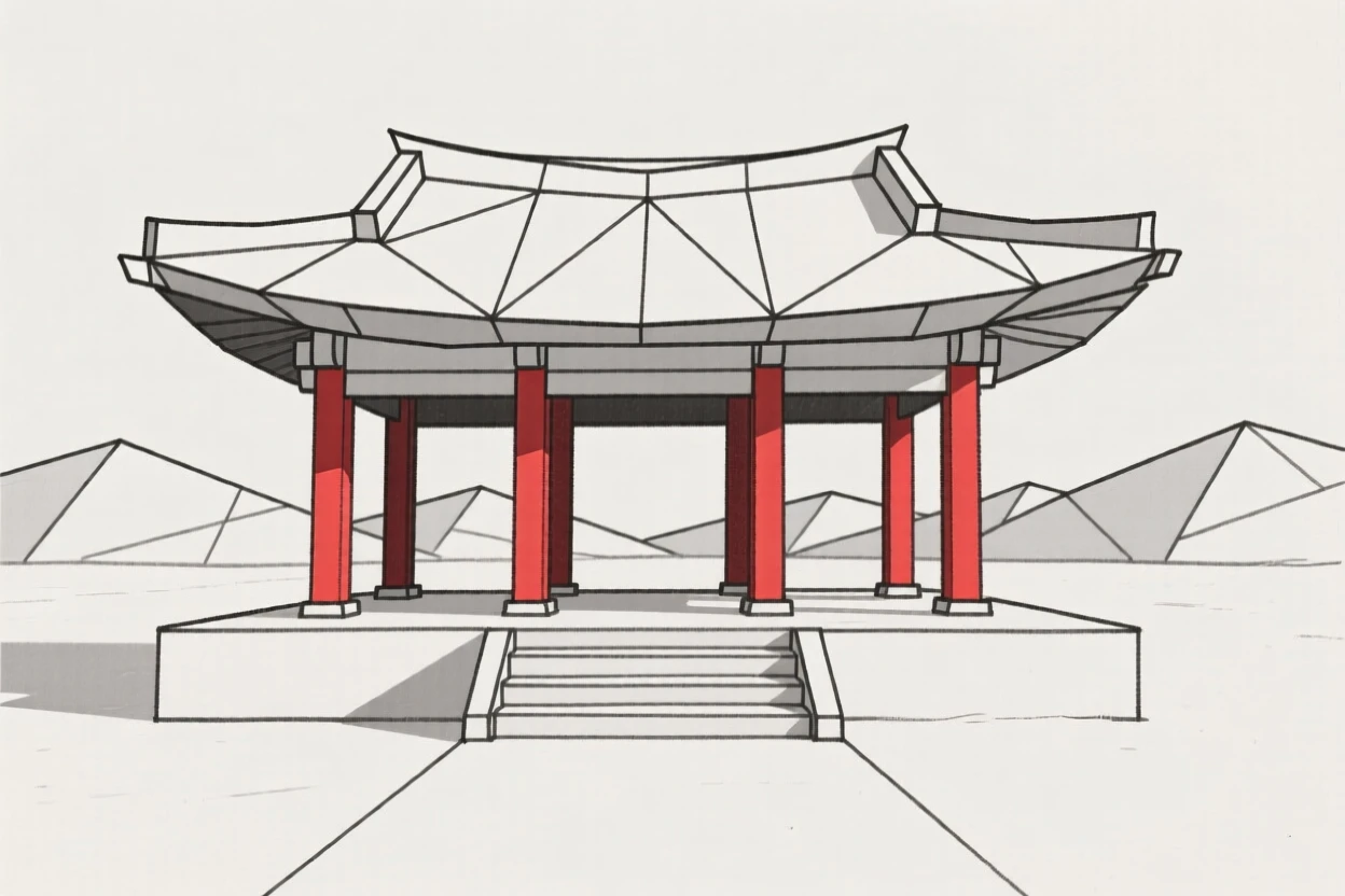 A Korean royal palace with red-columned pavilions