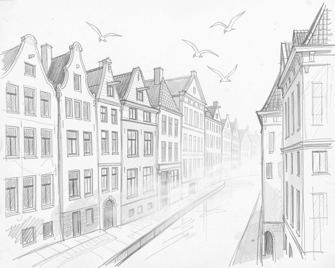 Sweeping architectural view of a colorful row of canal houses, as fog rolls through the streets, with birds circling overhead.