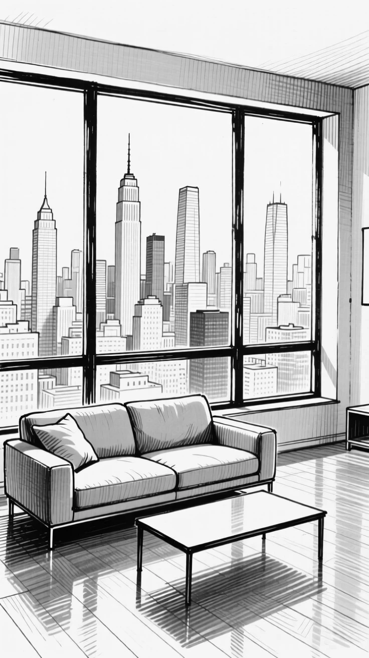A minimalist modern living room with large windows overlooking a city skyline.