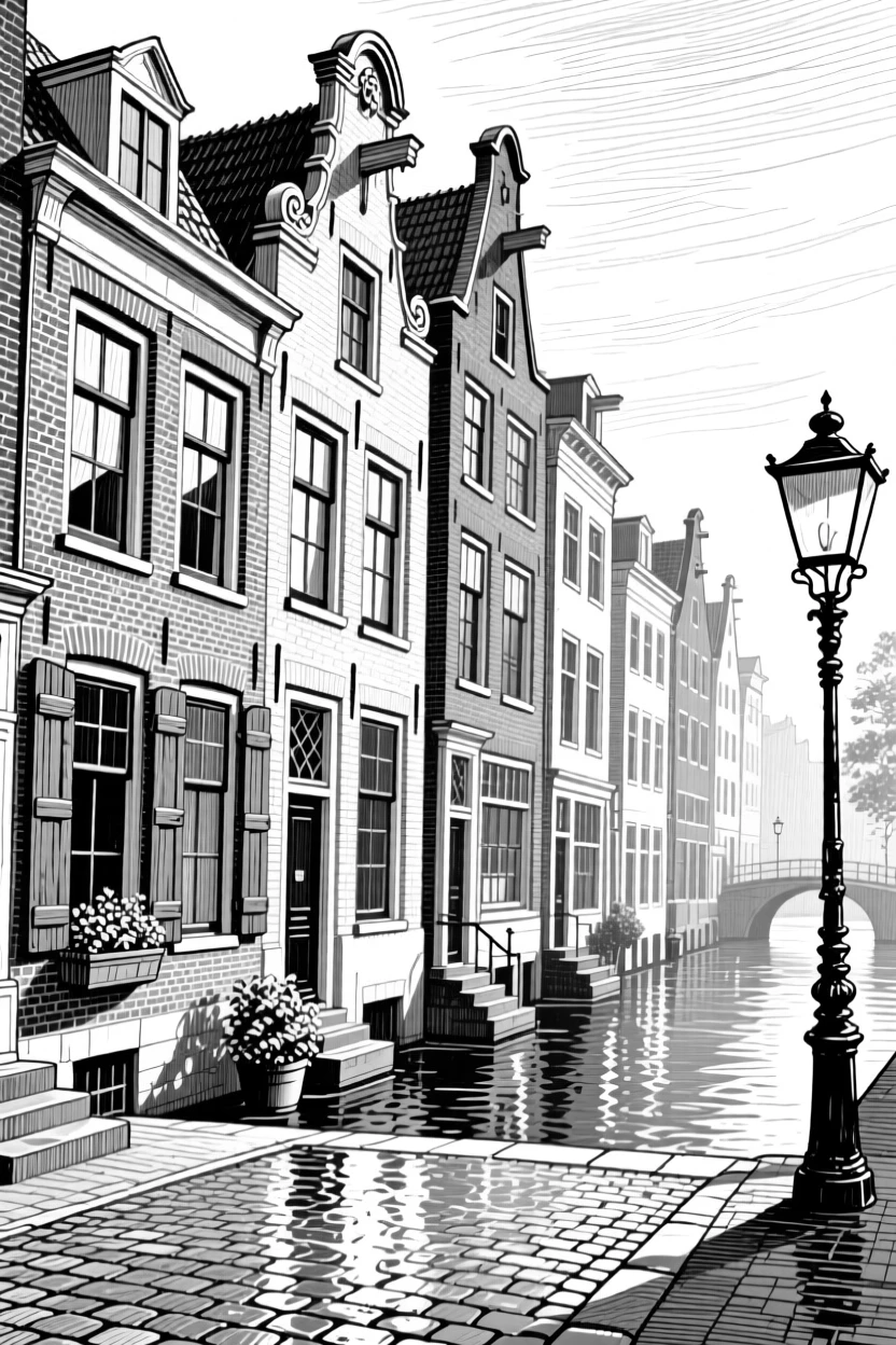 A row of colorful canal houses on a quiet early morning, featuring cobblestones glistening after rain, rendered in a majestic and imposing architectural composition.