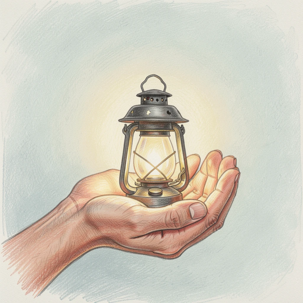 A pair of hands cupped gently around a small glowing lantern, framed to draw the eye toward quiet, open space, capturing a gentle sense of hope and renewal.