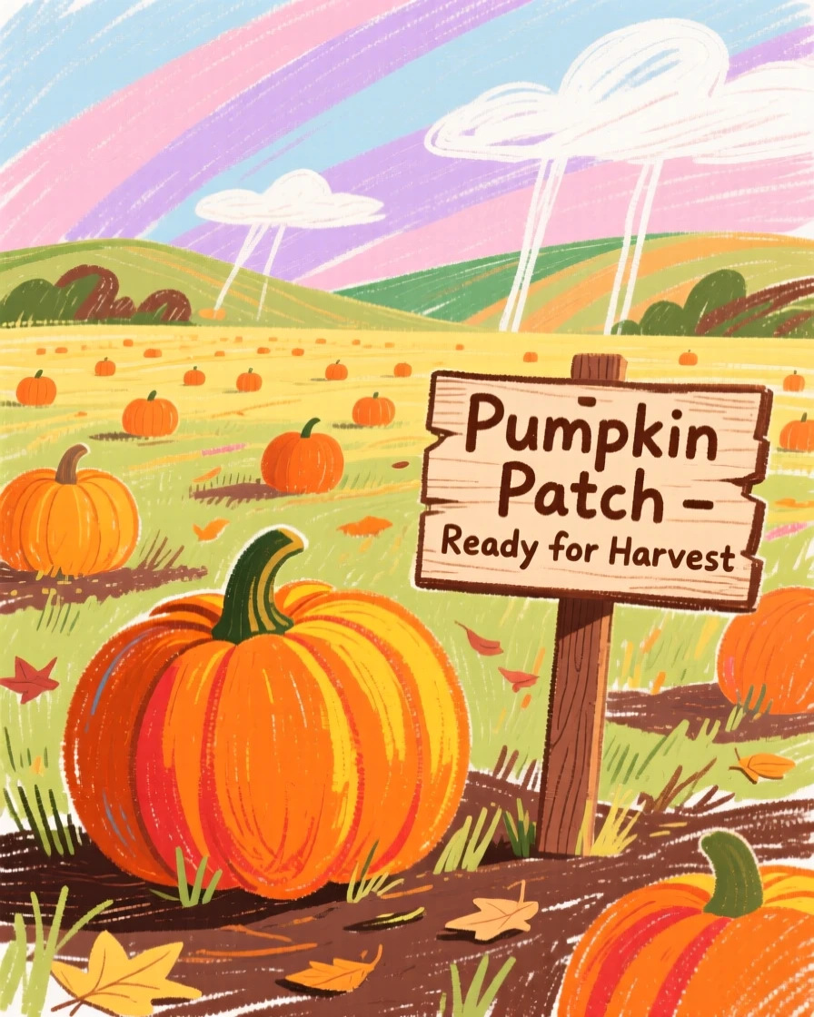 A view of a field of pumpkins ready for harvest bathed in the last light of day.