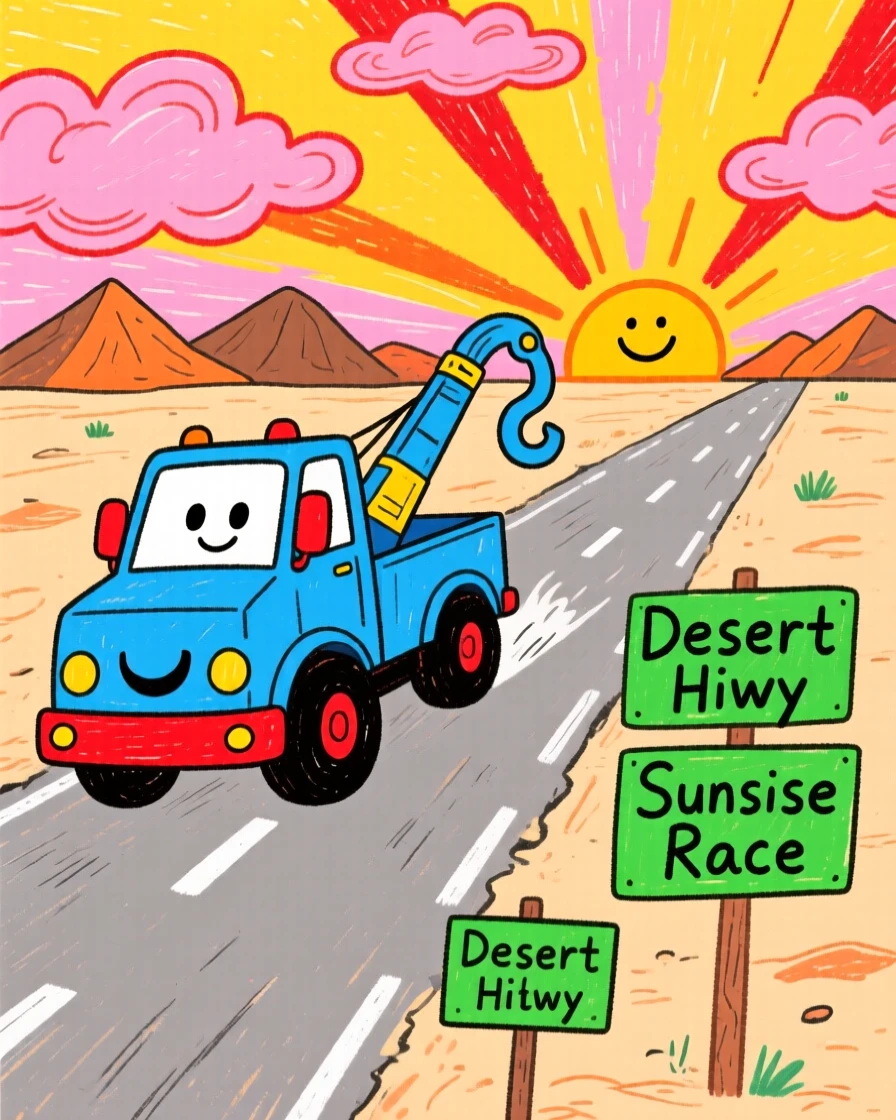 A bright blue tow truck racing along a desert highway at sunrise.