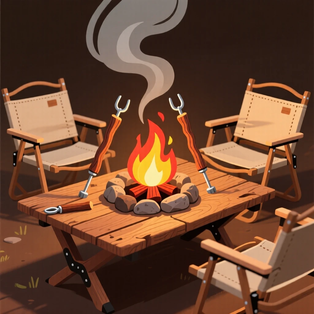 A cozy campfire setup with folding chairs and roasting sticks, placed on a rustic wooden table with warm tones, arranged with soft curves and gentle organic lines, with subtle steam rising to add a warm, lived-in feel.
