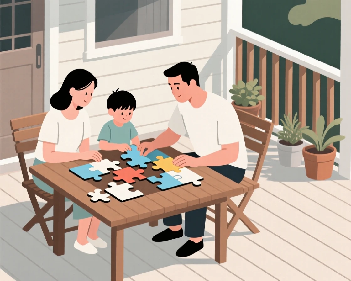 A family putting together a puzzle together on the front porch.