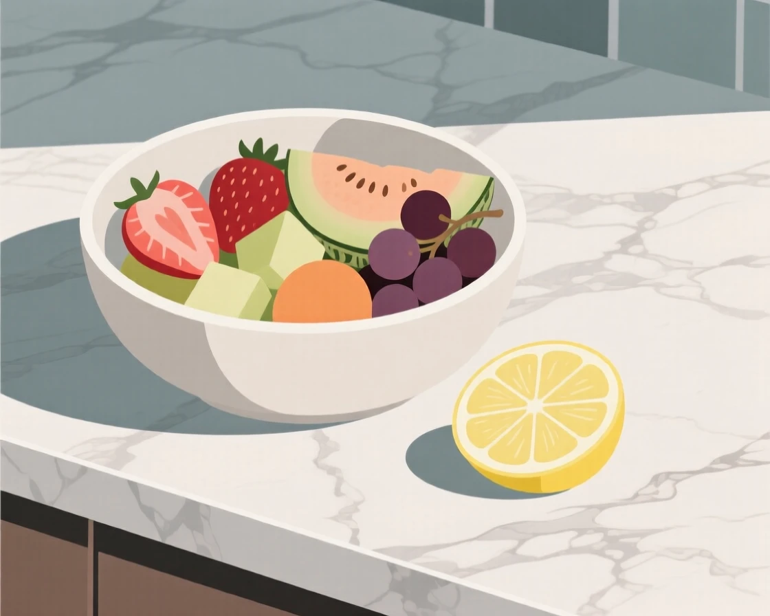 A close-up of bowl of fresh fruit salad arranged beside a slice of lemon in a marble countertop, full of cozy indulgence.