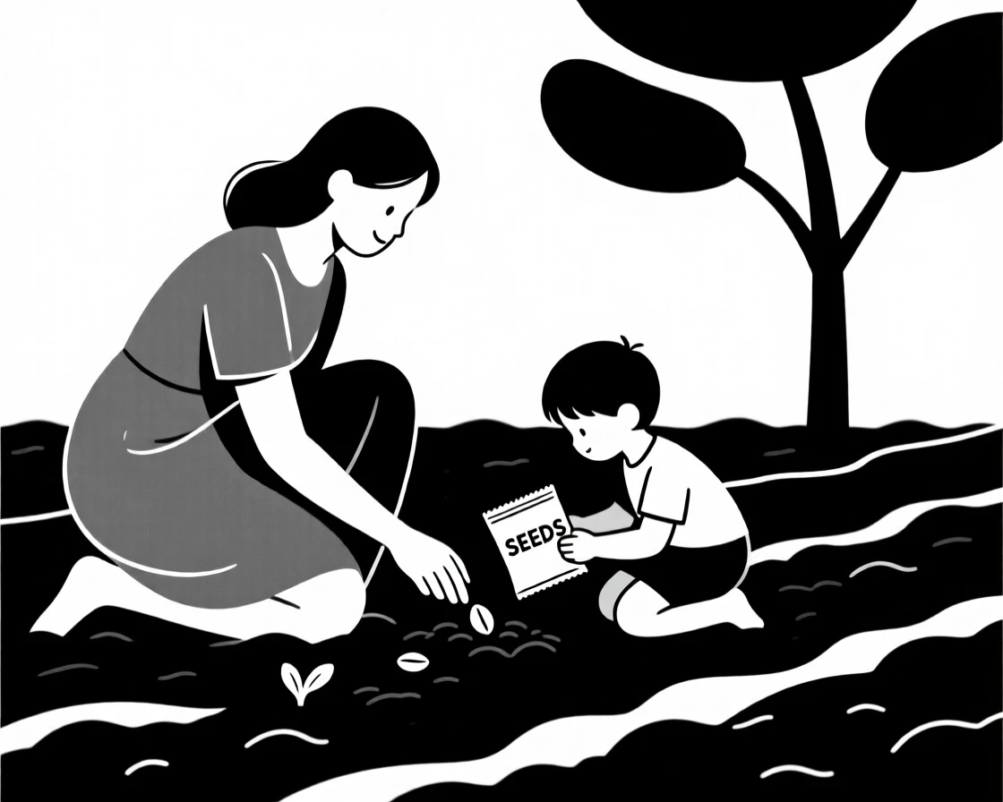 A mother and child planting seeds in a garden.