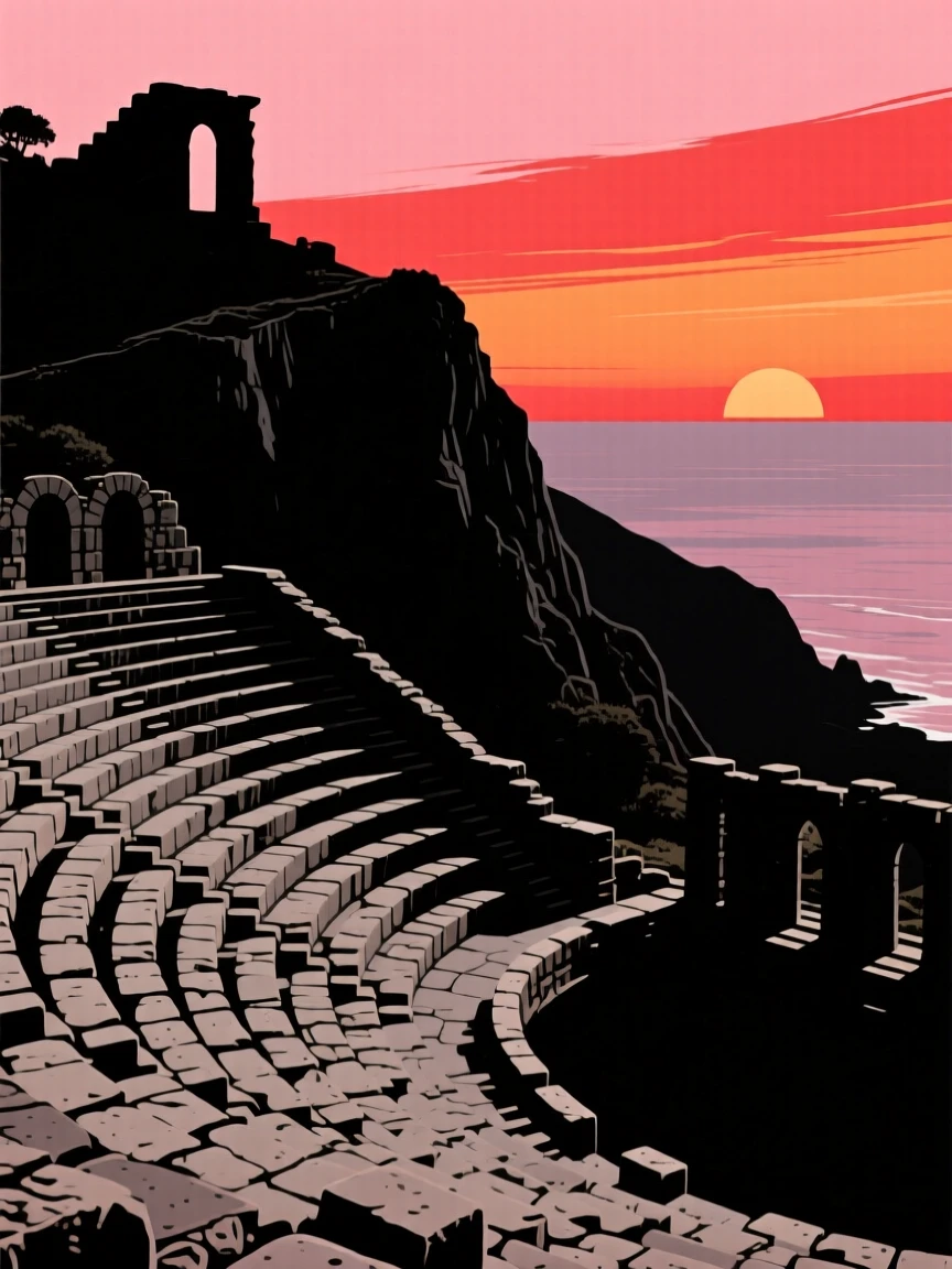 An ancient stone amphitheater carved into a hillside, empty rows facing a distant sea.
