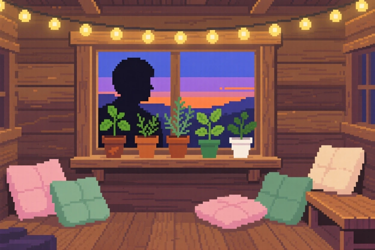 A windowsill herb garden surrounded by potted plants and soft cushions, within a cabin lit by string lights at dusk.