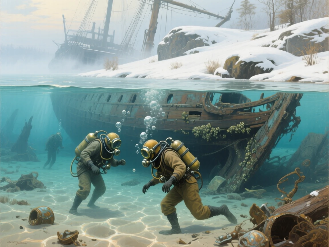 A well-framed scene of divers exploring a sunken shipwreck beneath crystal-clear water, under a fresh blanket of winter snow, in a light morning mist.