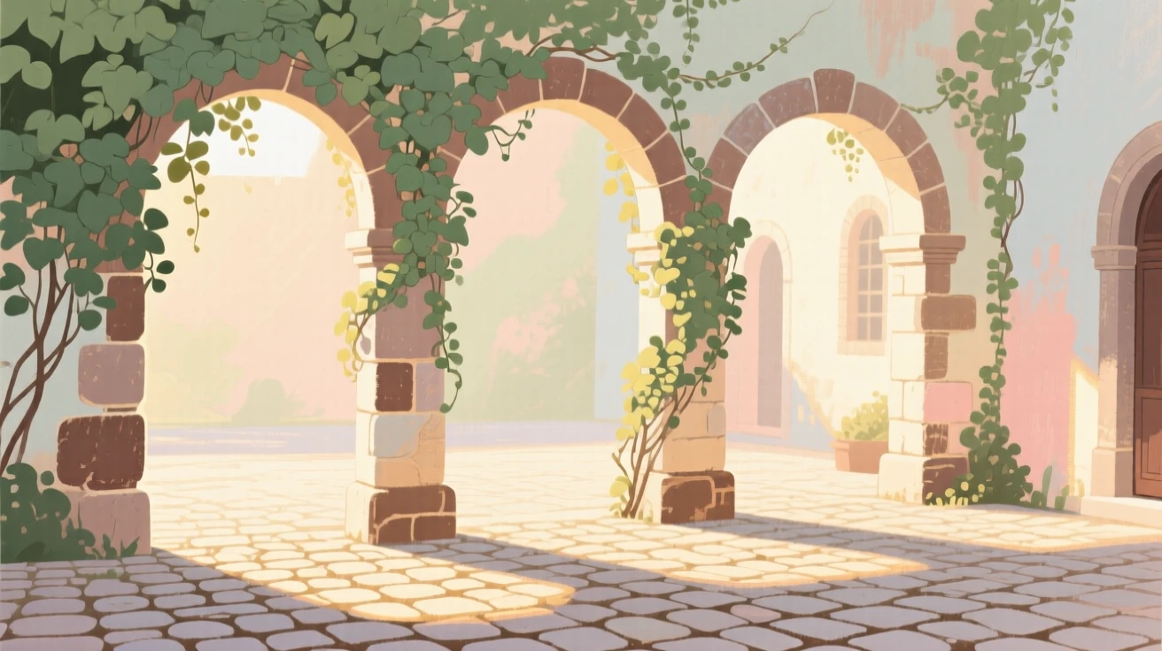 A cobbled courtyard surrounded by ivy-covered stone archways
