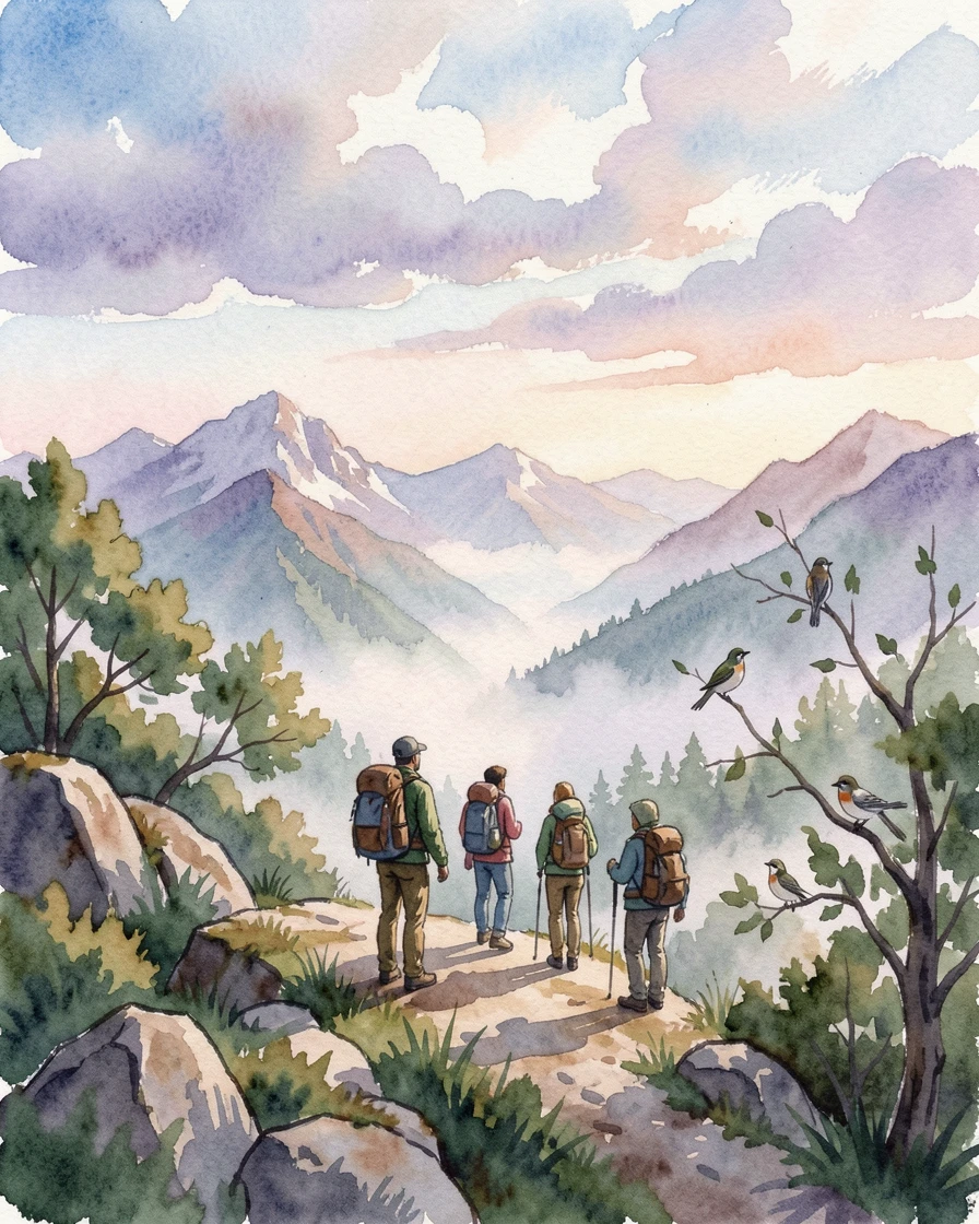 A group of hikers pausing to admire a mountain view as birds chirp softly in the background.