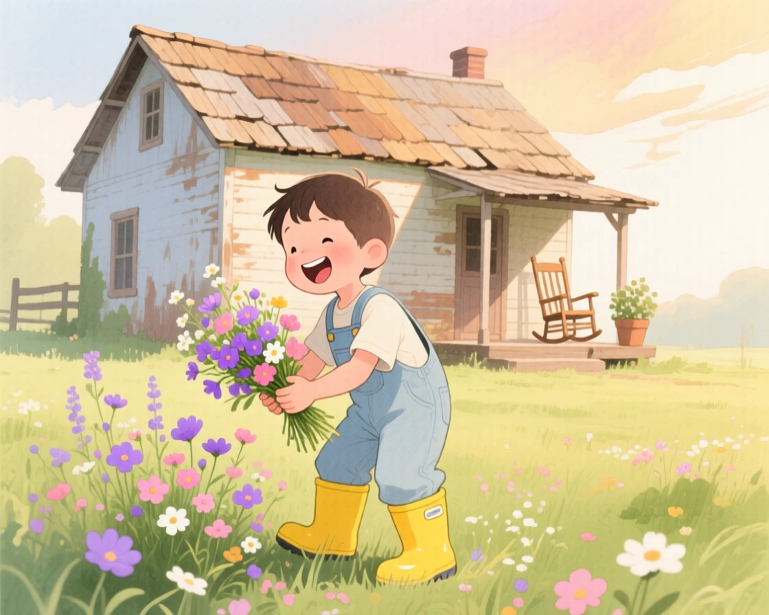 A young boy in rain boots picks wildflowers in a meadow beside a rustic farmhouse, laughter and joy filling the warm afternoon air
