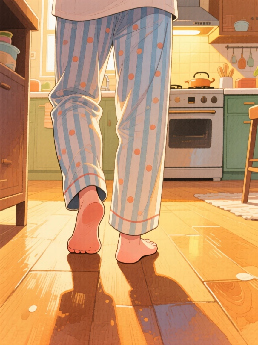 A weekend morning scene of pajama-clad feet padding across a warm wooden floor toward the kitchen, with soft golden lamplight glowing nearby, inspiring a nostalgic sense of home.