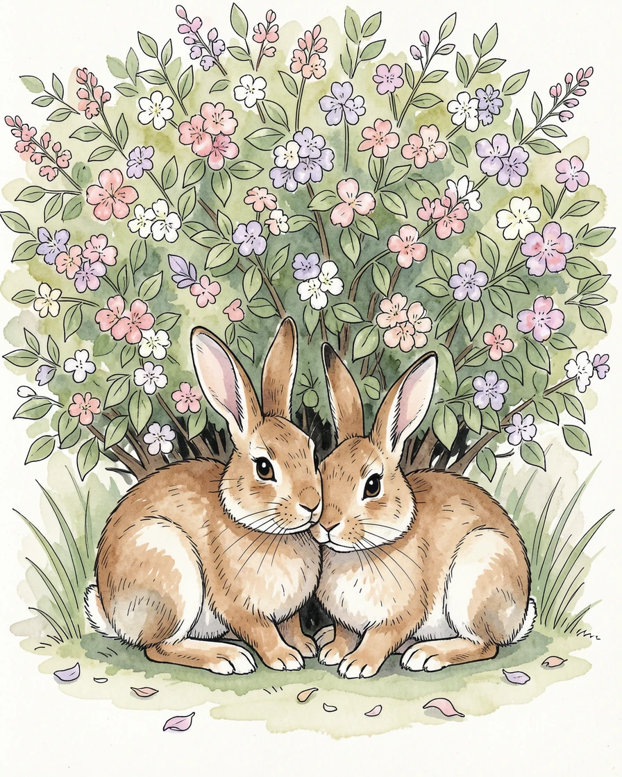 A pair of rabbits nestled together beneath a blooming hedge, the natural world carrying on undisturbed around them.