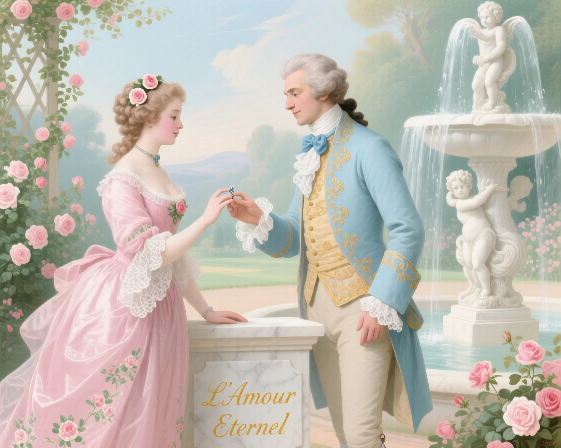 A lady and gentleman exchanging rings beside a garden fountain  