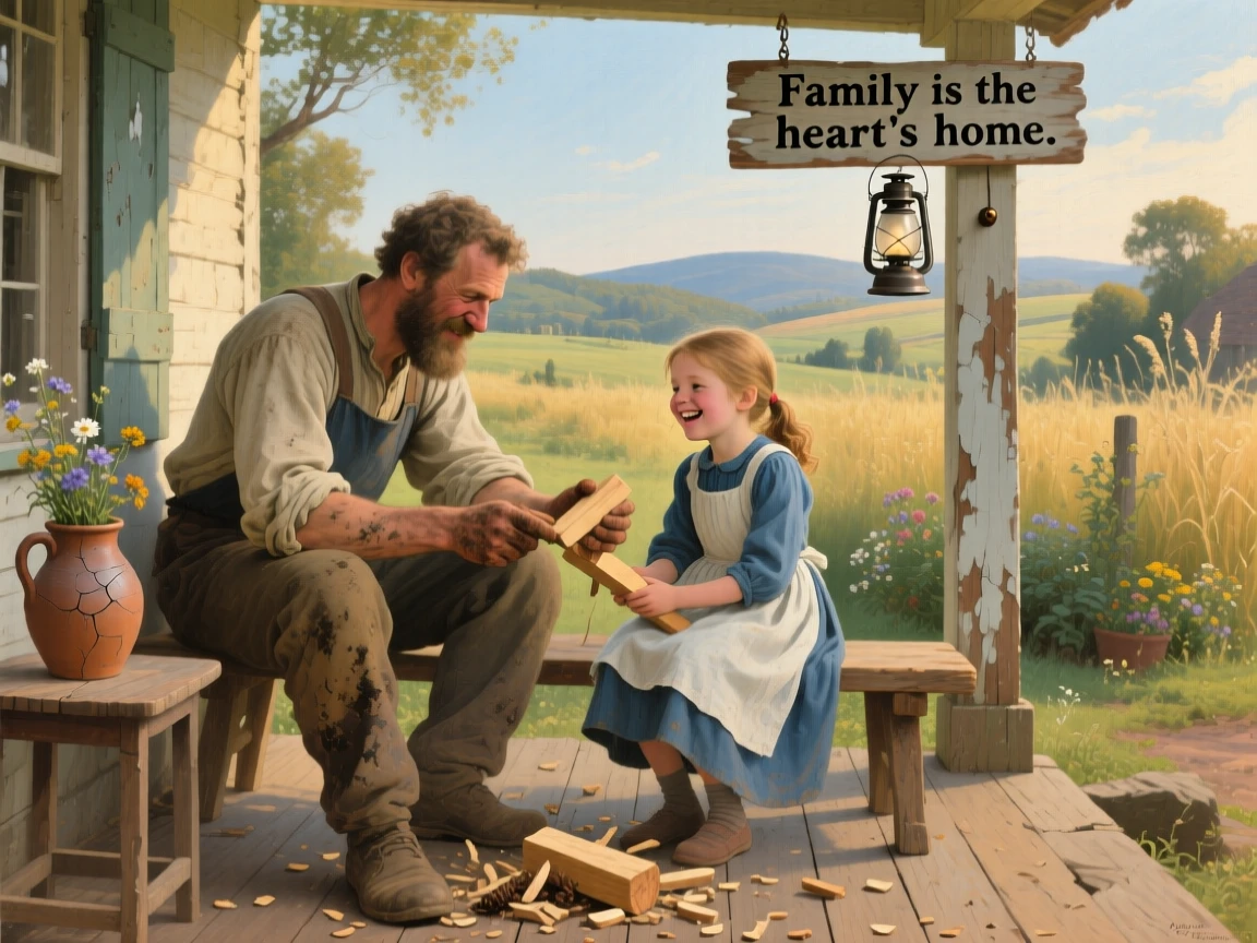 A father teaching his daughter to whittle wood on the back porch, as laughter and genuine joy fill the entire scene, designed to remind viewers of their own cherished family memories
