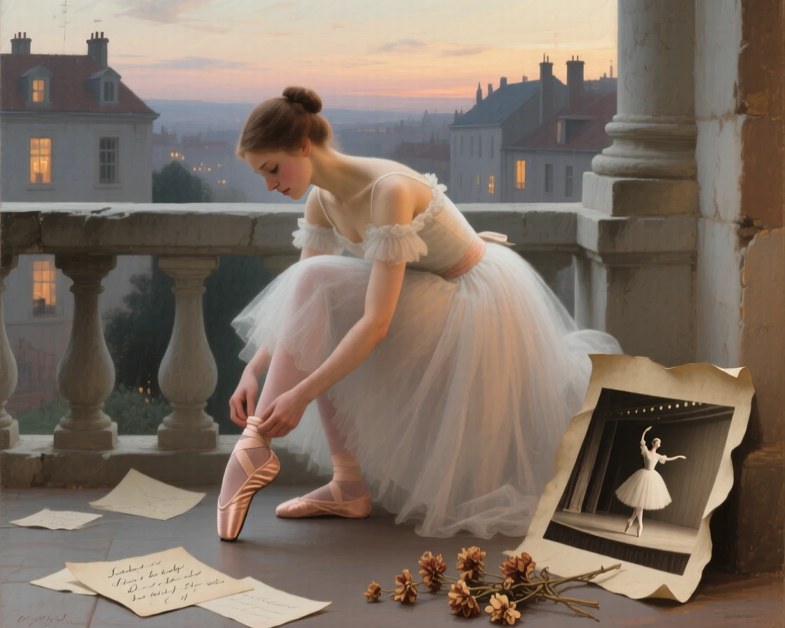 A ballerina adjusting her slipper before stepping onto the stage captured in a quiet, introspective moment, set on a stone balcony overlooking a quiet town at dusk, surrounded by scattered letters, a faded photograph, and dried flowers; the pose is turned gently off-center for a natural, candid feel, capturing grace under the weight of everyday devotion.