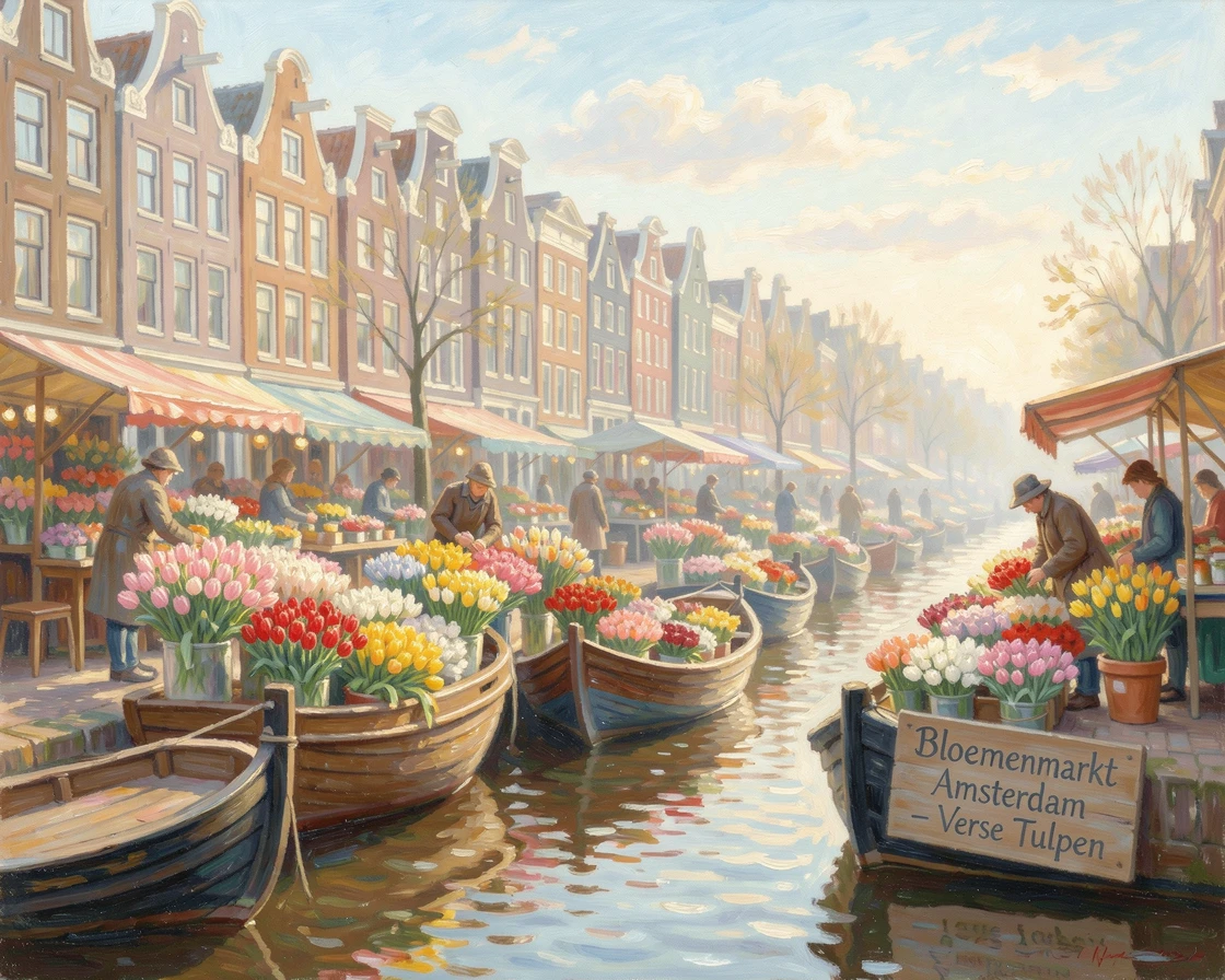 A traditional flower market in Amsterdam, boats loaded with tulips lining a picturesque canal.