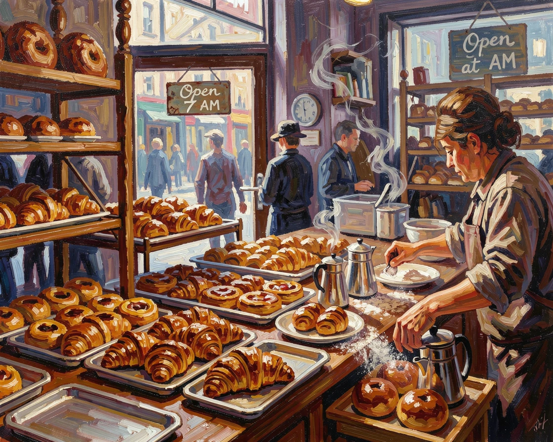 A busy bakery early in the morning, trays of pastries lined up before the shop opens.