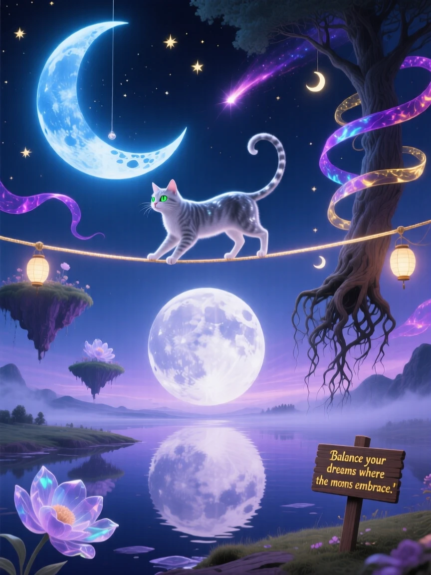 A cat balancing gracefully along a tightrope strung between two moons rests peacefully beneath the glow of a rising moon, as the surrounding world holds still in quiet wonder.