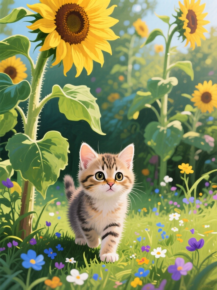A tiny kitten explores a garden for the first time, wide-eyed among towering sunflowers that dwarf its small curious frame, its posture alert yet relaxed, fully at ease within its natural surroundings.