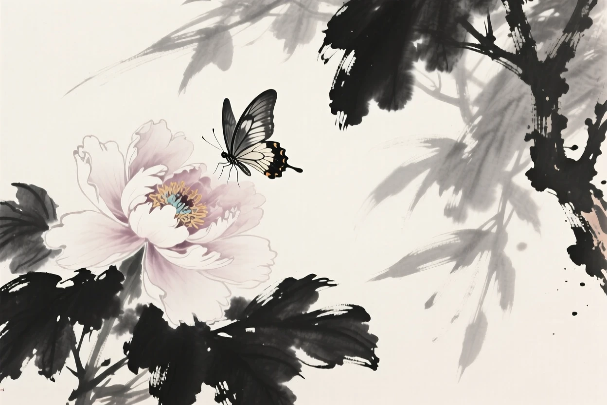 A butterfly rests on a peony blossom in full bloom, beneath the dappled shade of a nearby tree.