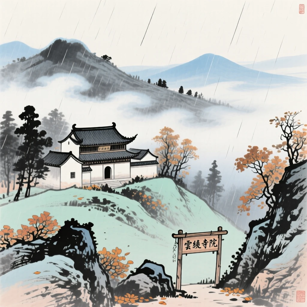 A hillside monastery wrapped in drifting cloud, just after a rain shower, in late autumn, under clearing skies after a storm.