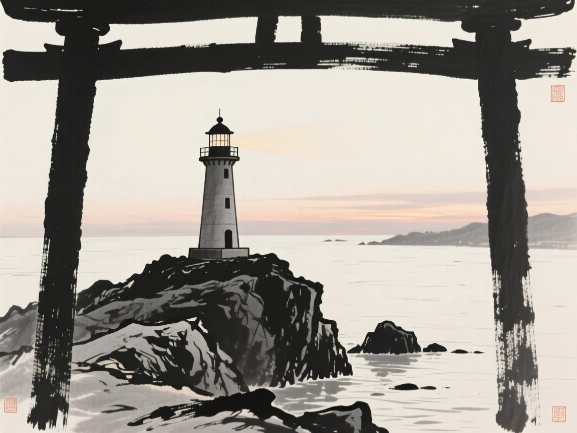 A lone lighthouse on a rocky point overlooking a calm harbor at dusk, framed through an archway or gate for depth, carrying a sense of sacred stillness.