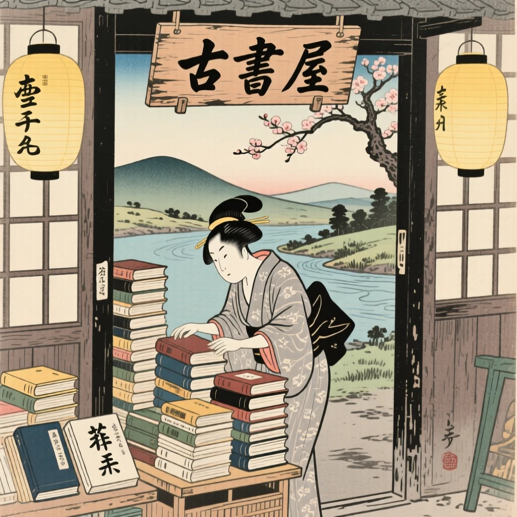 A produce vendor arranging stacks of old books in a narrow doorway.