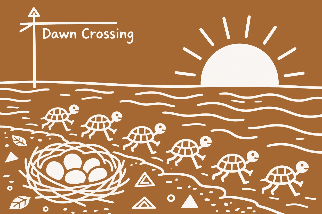 A nest of turtle hatchlings crossing a wide river at dawn.