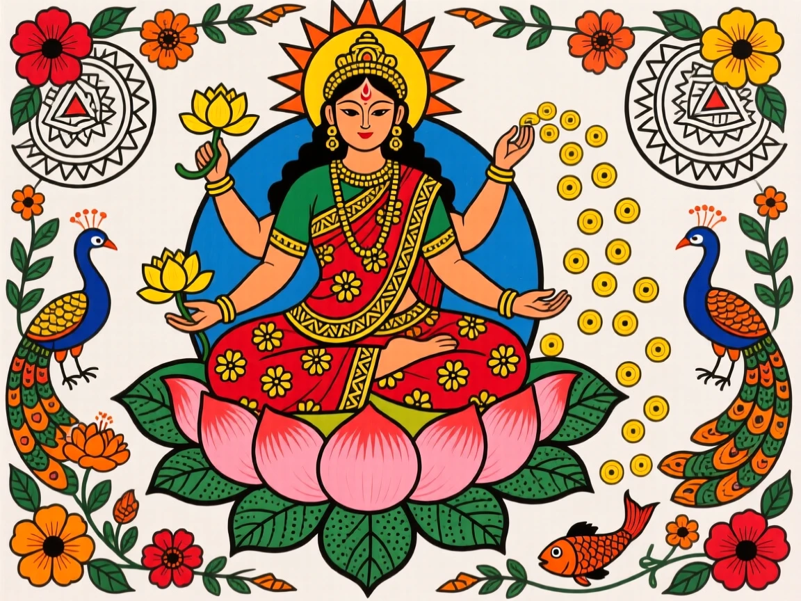 Lakshmi seated on a blooming lotus, showering golden coins below.