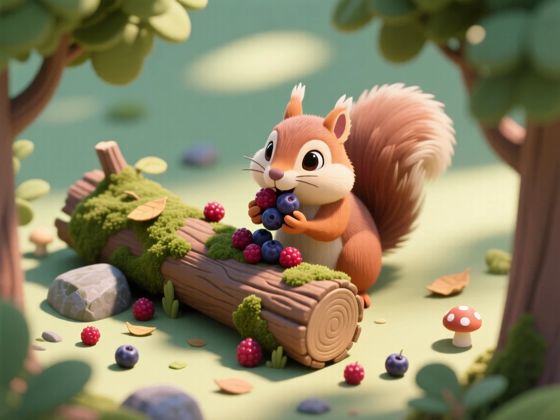 A curious chipmunk stuffing its cheeks with berries beside a mossy log, sunlight dappling through the forest canopy.