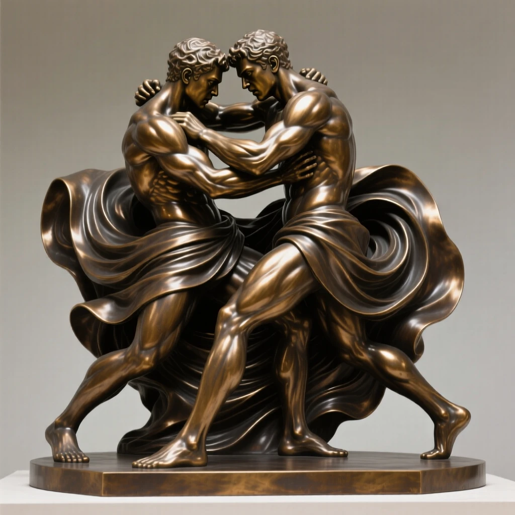 Twin brothers locked in a wrestling match, with intricate, flowing drapery, forming a strong central focal point